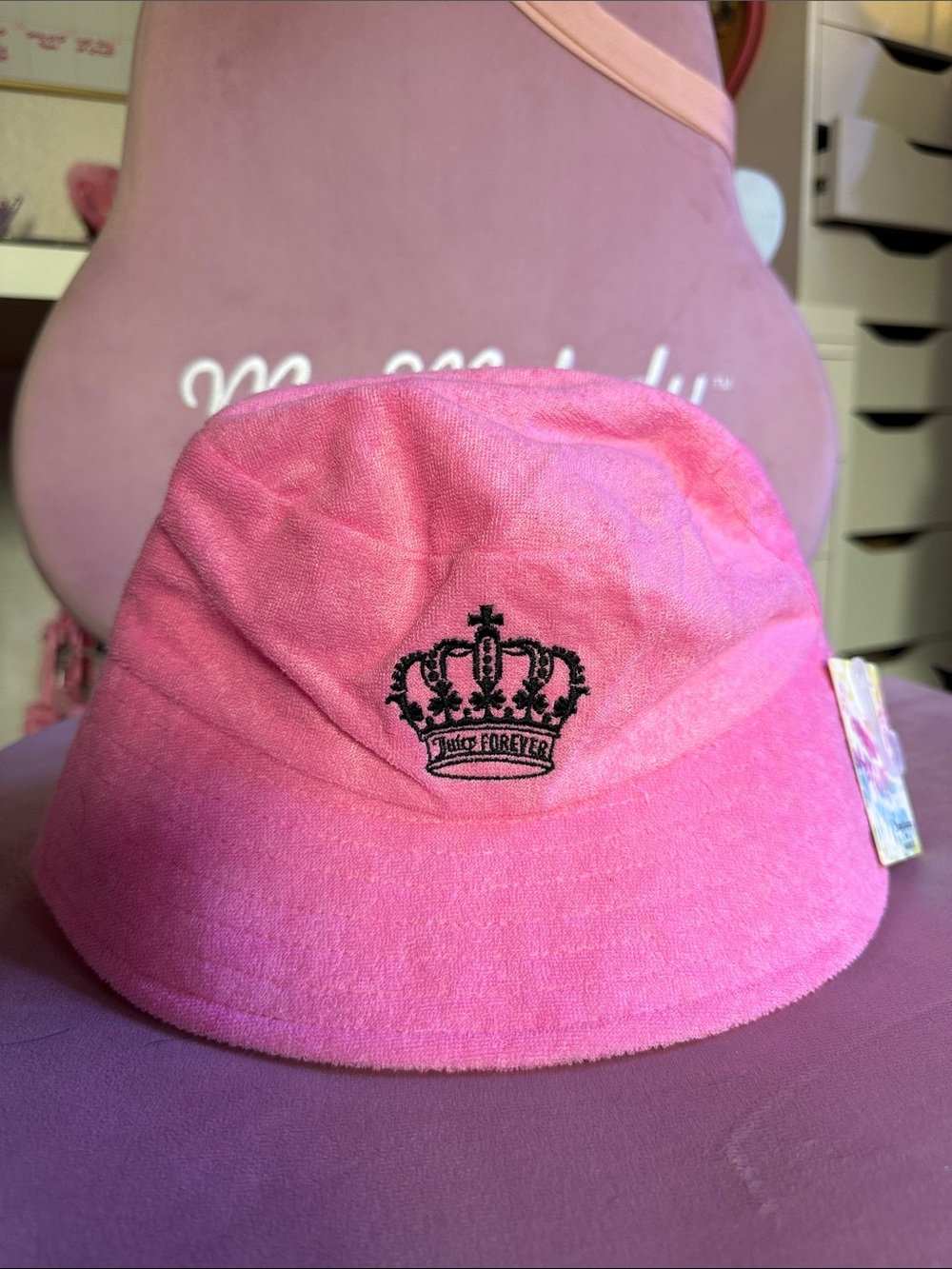 Juicy Couture Hot Pink Terry Cloth Bucket Hat with Black Crown Logo